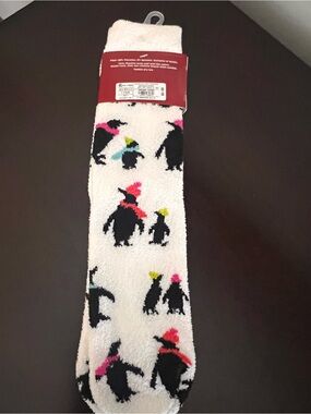 Target Kids White Penguin Plush Slipper Socks with Pink, Yellow & Blue Accents